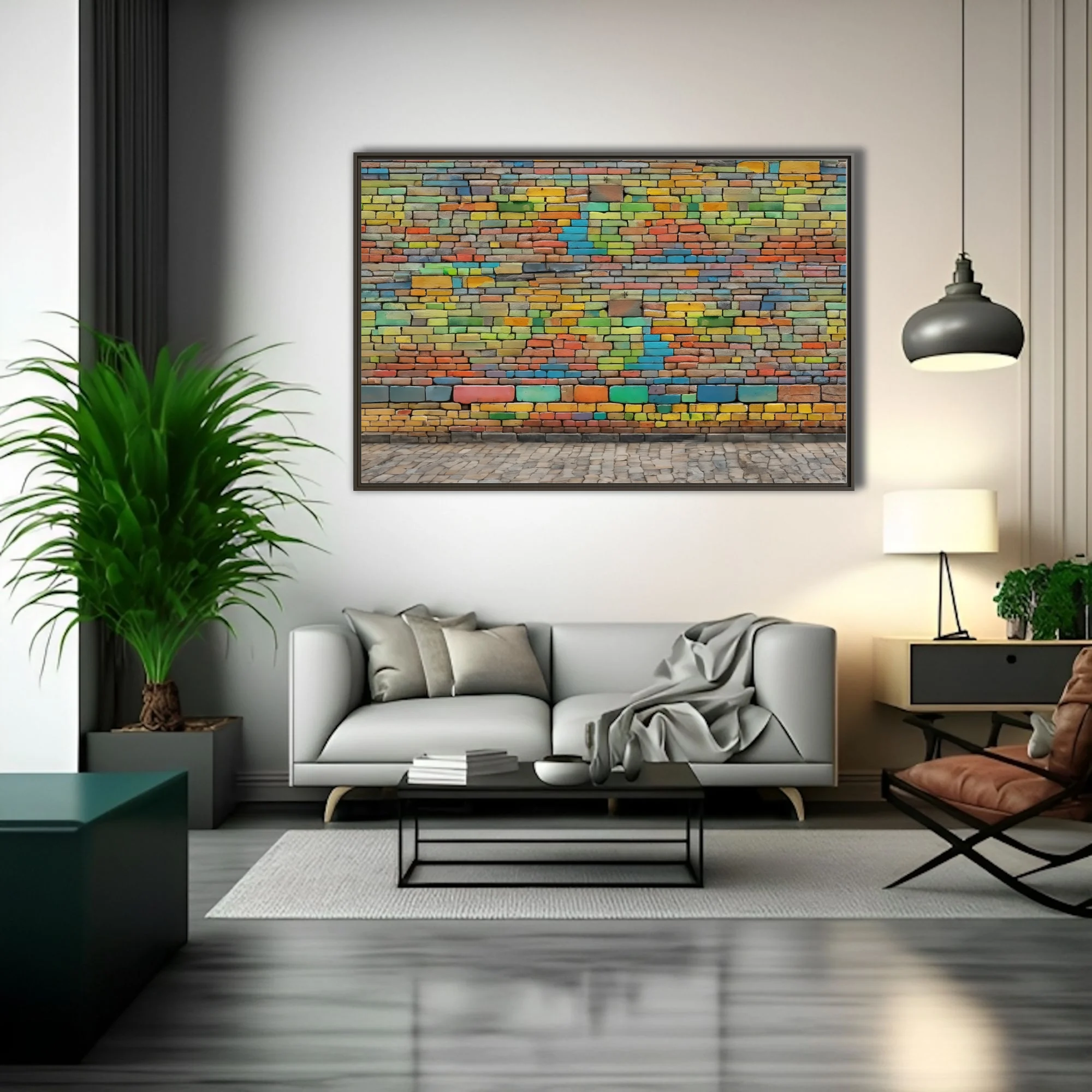 Colorful brick wall art — rainbow-painted bricks, vibrant street art style