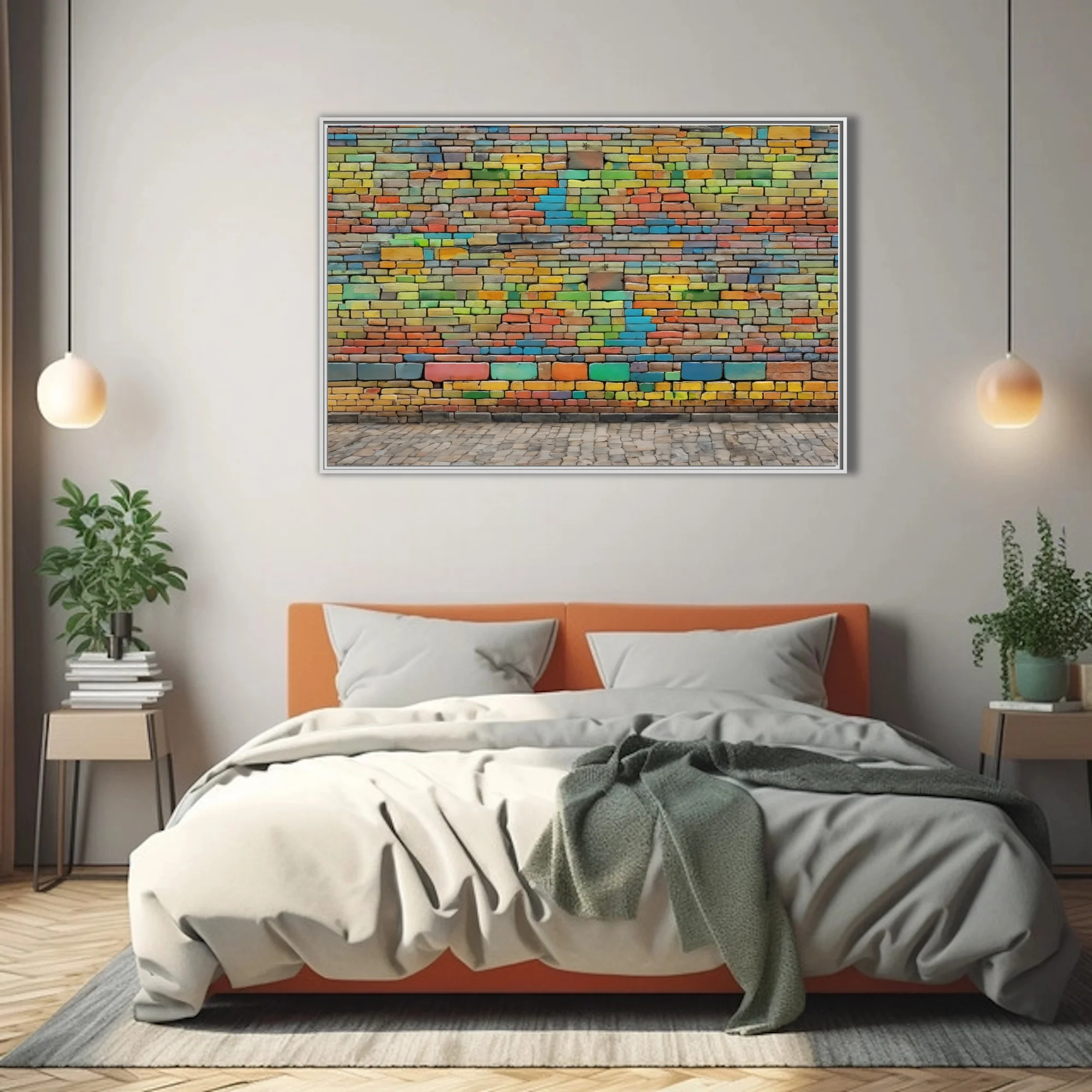 Colorful brick wall art — rainbow-painted bricks, vibrant street art style