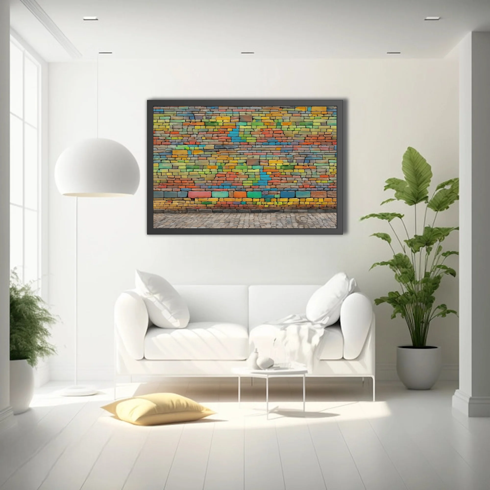 Colorful brick wall art — rainbow-painted bricks, vibrant street art style
