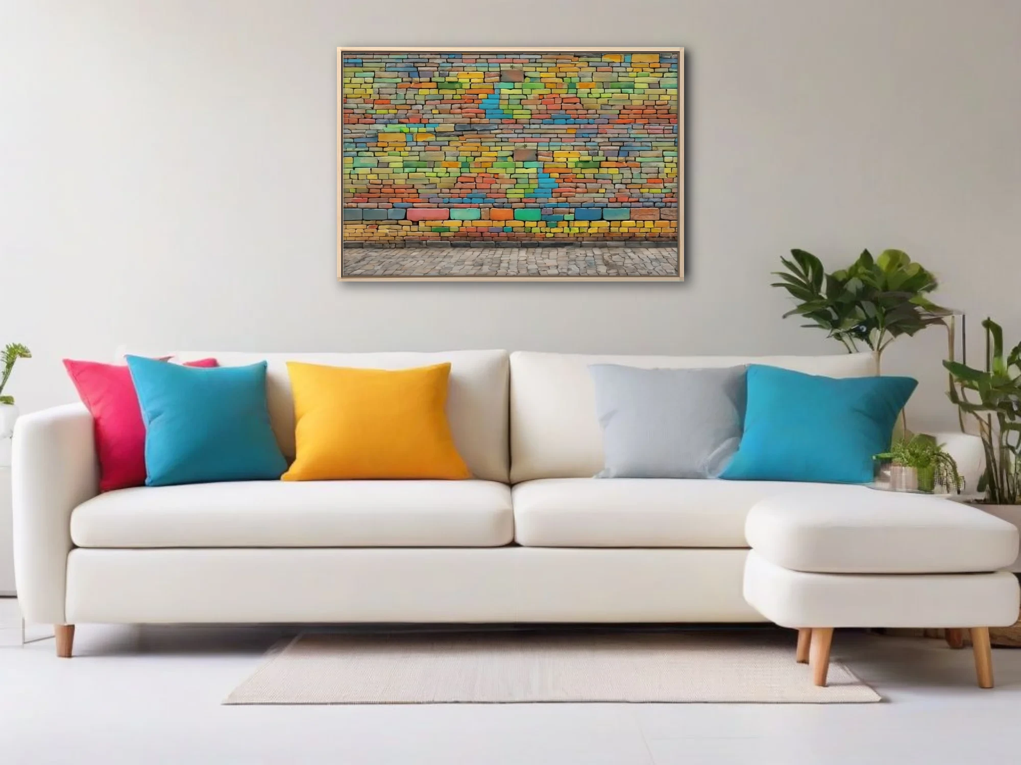 Colorful brick wall art — rainbow-painted bricks, vibrant street art style