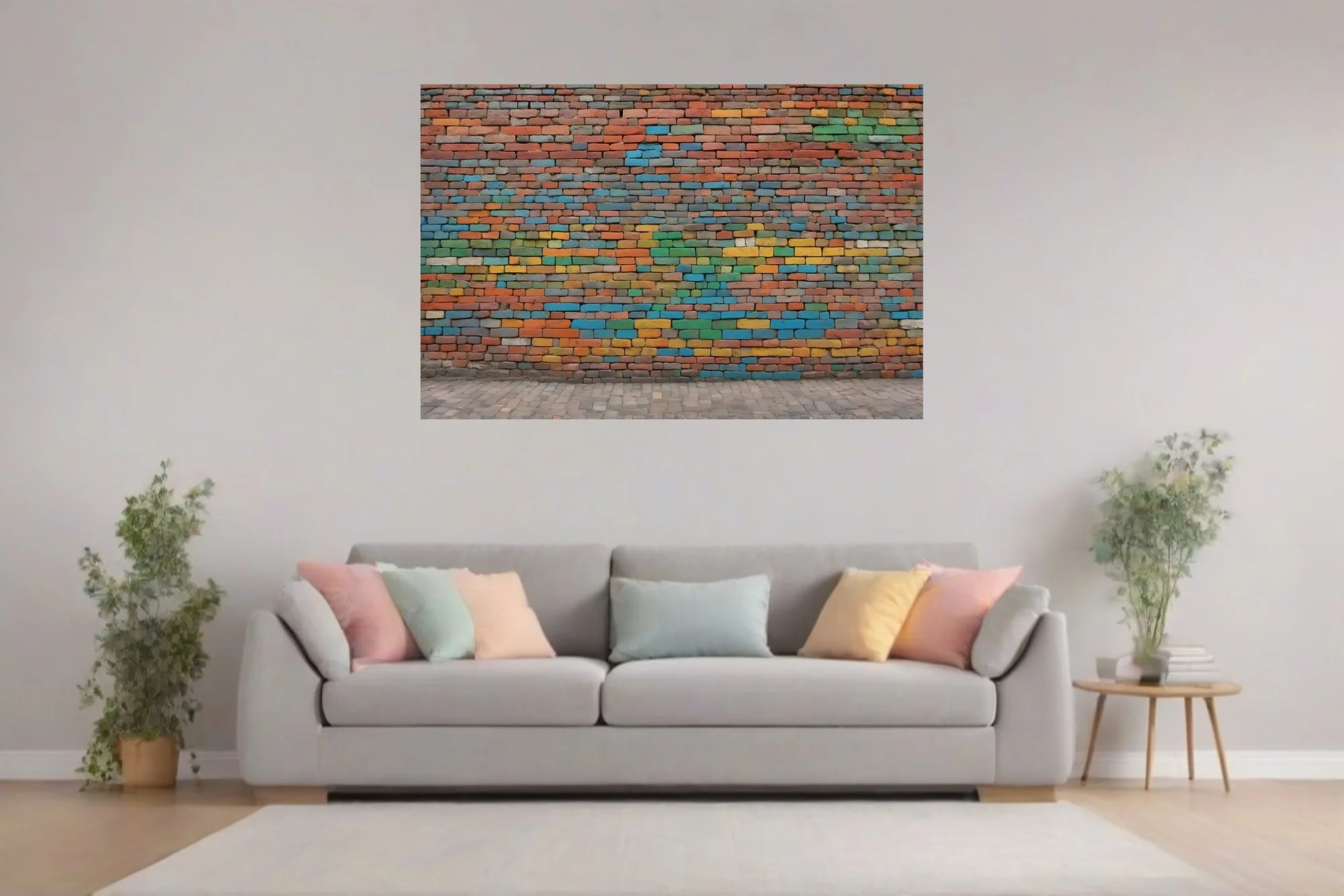 Colorful painted brick wall art with multicolor mosaic pattern in vivid urban palette
