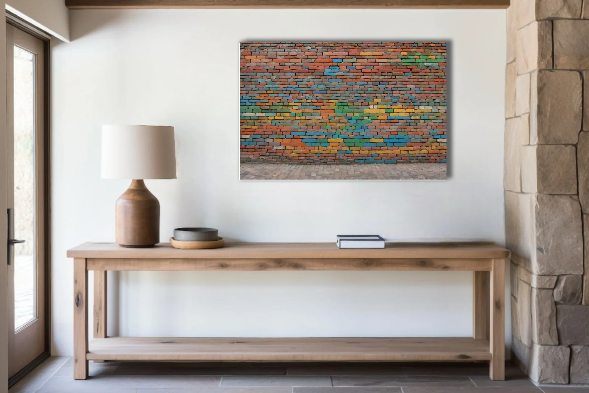 Colorful painted brick wall art with multicolor mosaic pattern in vivid urban palette