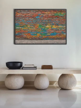 Colorful painted brick wall art with multicolor mosaic pattern in vivid urban palette
