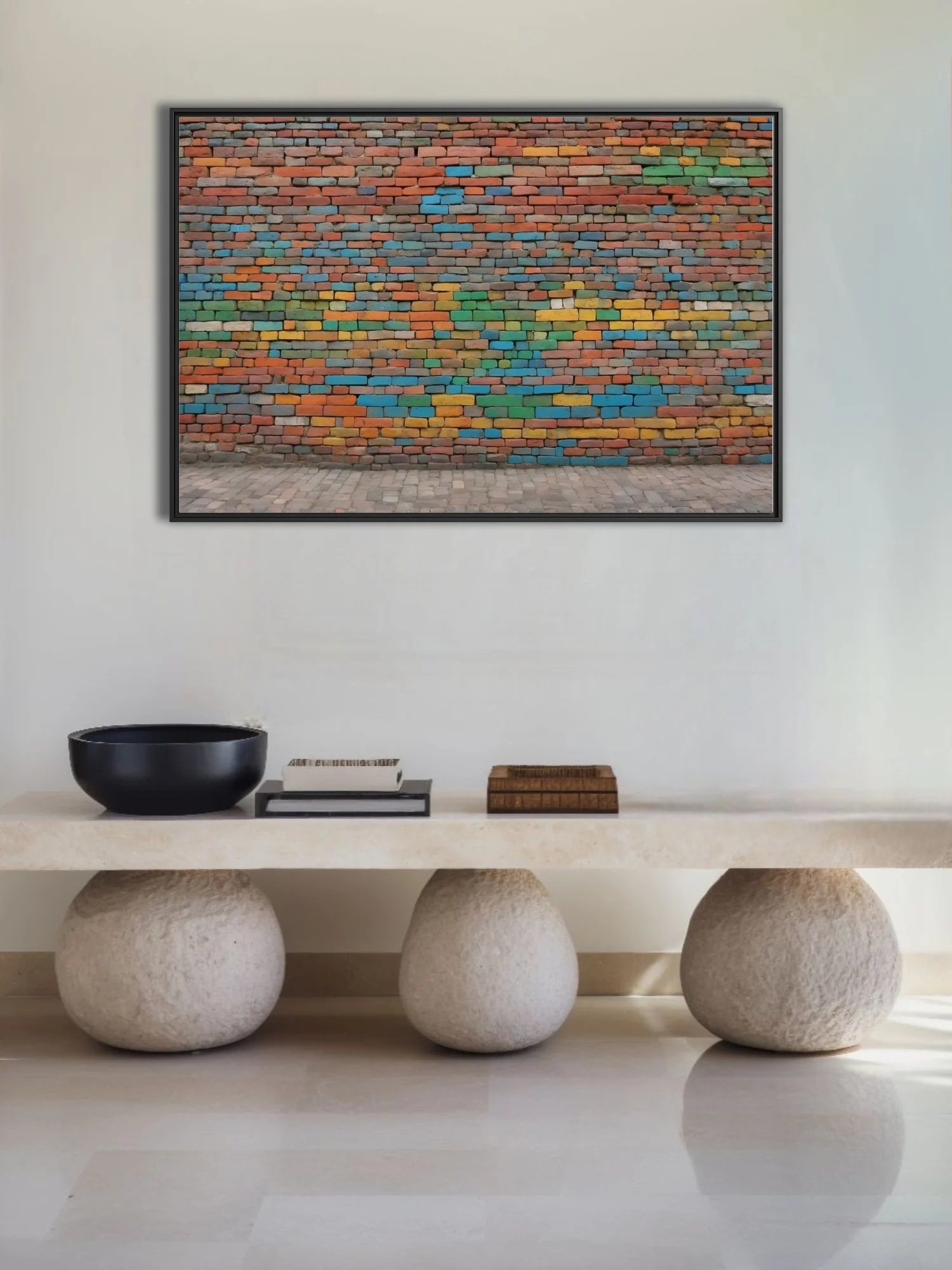 Colorful painted brick wall art with multicolor mosaic pattern in vivid urban palette