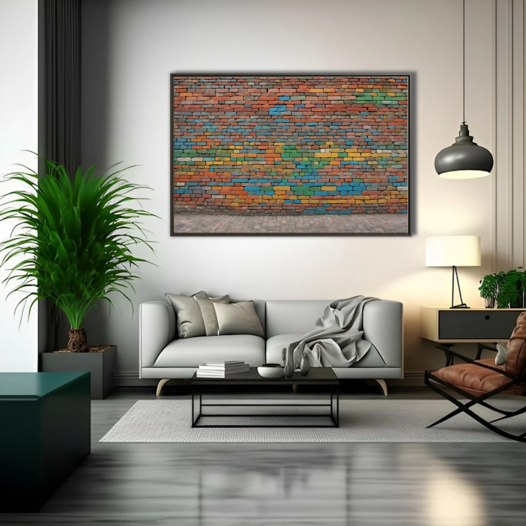 Colorful painted brick wall art with multicolor mosaic pattern in vivid urban palette