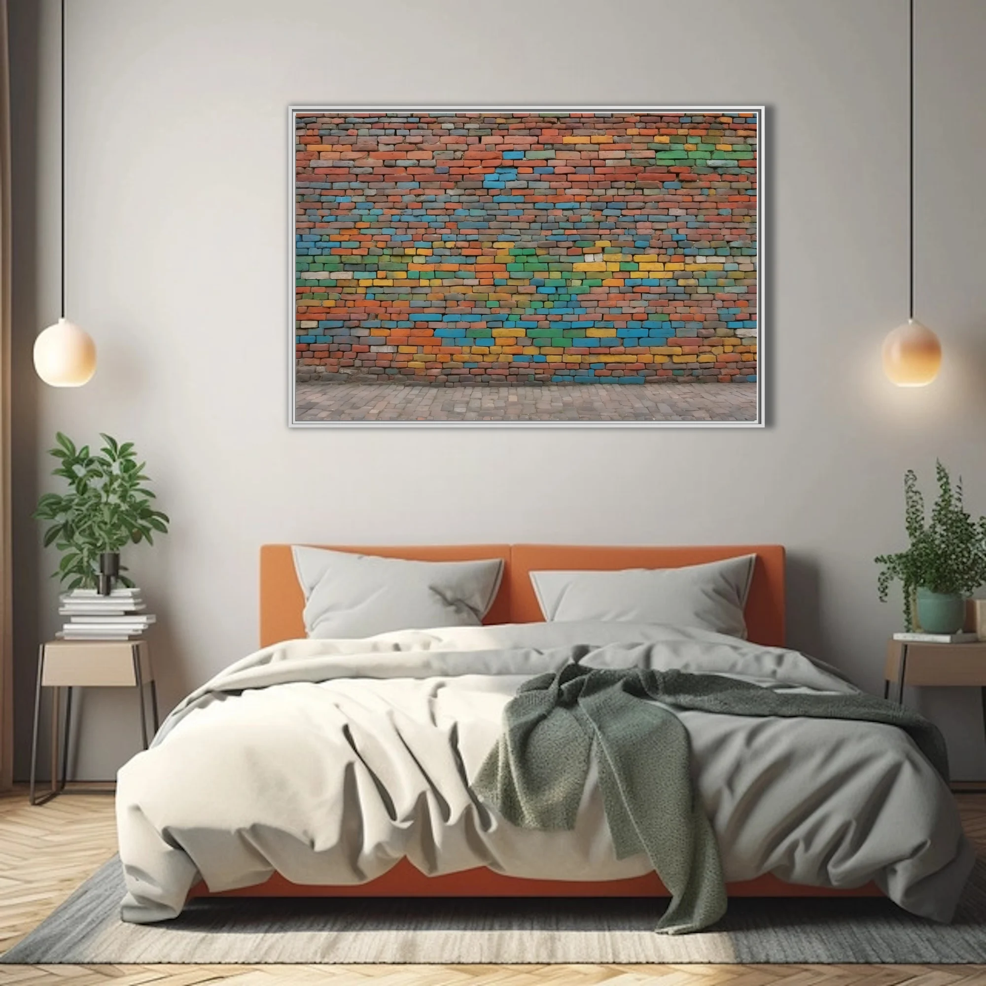 Colorful painted brick wall art with multicolor mosaic pattern in vivid urban palette