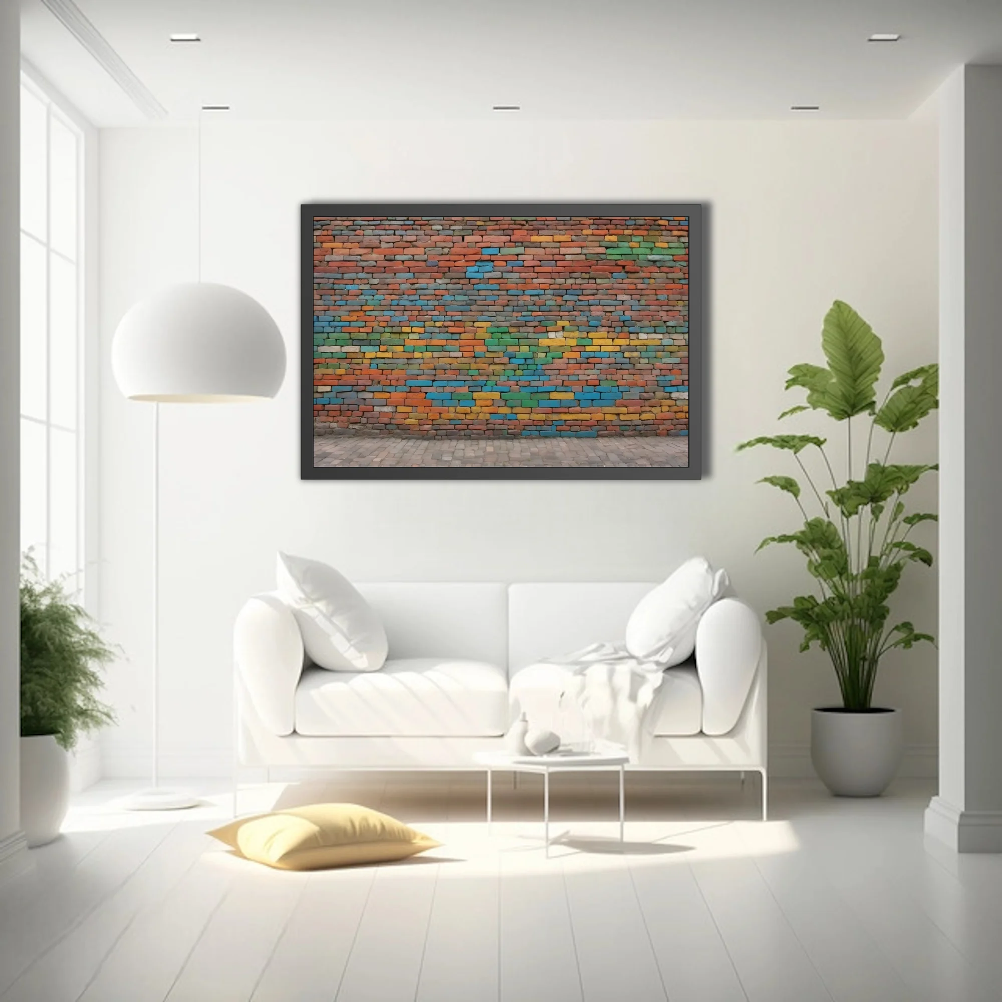 Colorful painted brick wall art with multicolor mosaic pattern in vivid urban palette