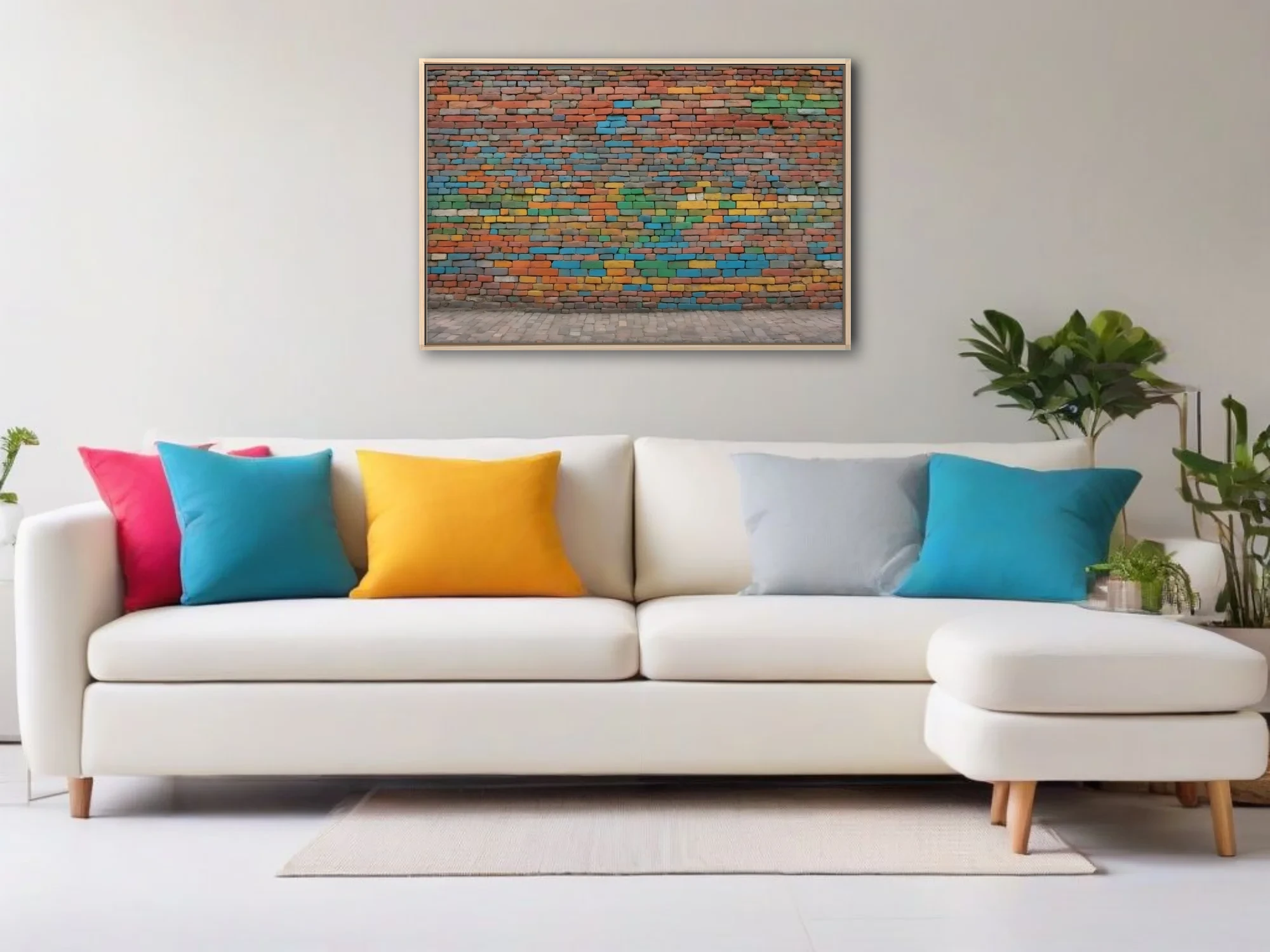 Colorful painted brick wall art with multicolor mosaic pattern in vivid urban palette
