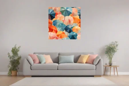Colorful abstract umbrella pattern in coral, teal, and orange geometric illustration
