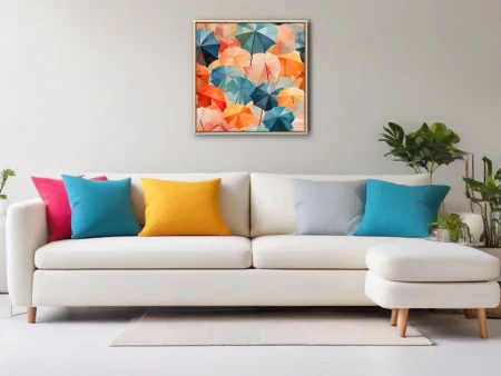 Colorful abstract umbrella pattern in coral, teal, and orange geometric illustration