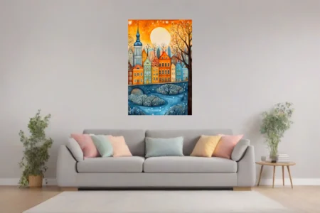 Copenhagen townscape, warm amber and blue, storybook winter cityscape illustration
