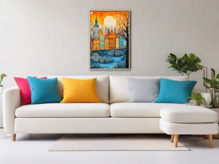 Copenhagen townscape, warm amber and blue, storybook winter cityscape illustration