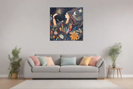 Stippled cosmic woman with stars and botanicals in deep jewel tones