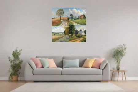 Soft painterly countryside landscape set with fields, lanes, farmhouses and summer skies