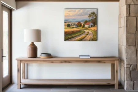Classical rural landscape with winding dirt road, country church, and autumn harvest fields
