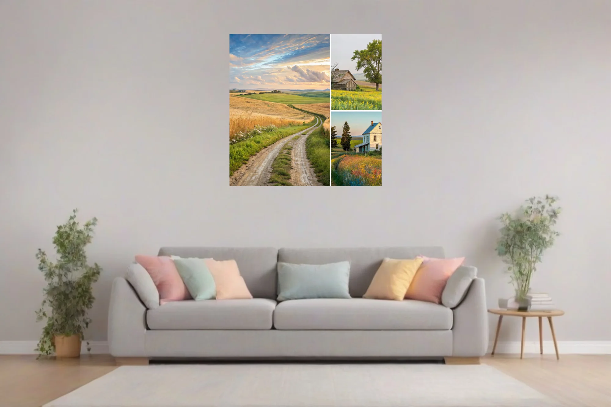 Rural countryside collage, golden fields, dirt road, rustic farmhouse, wildflowers