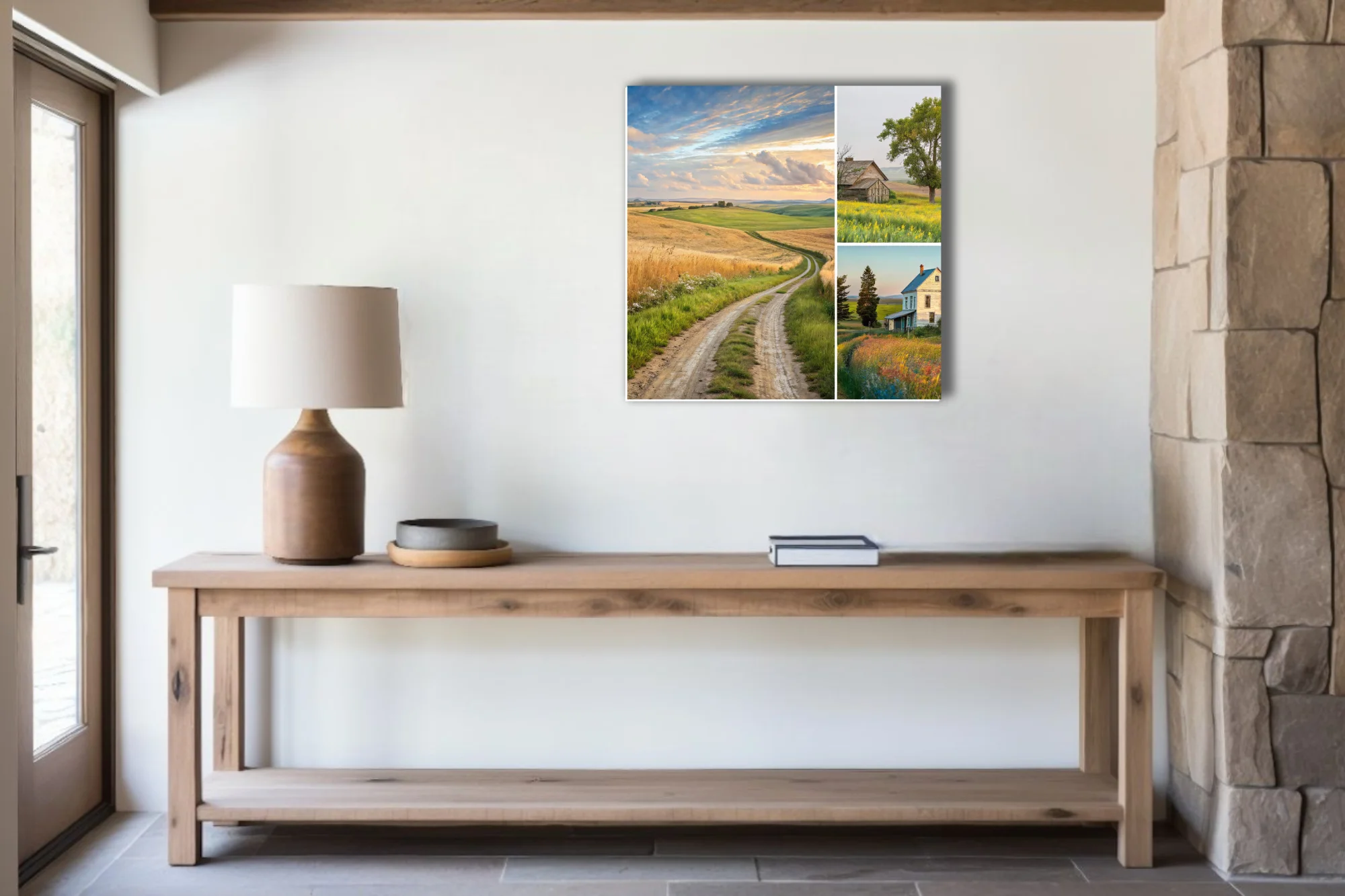 Rural countryside collage, golden fields, dirt road, rustic farmhouse, wildflowers