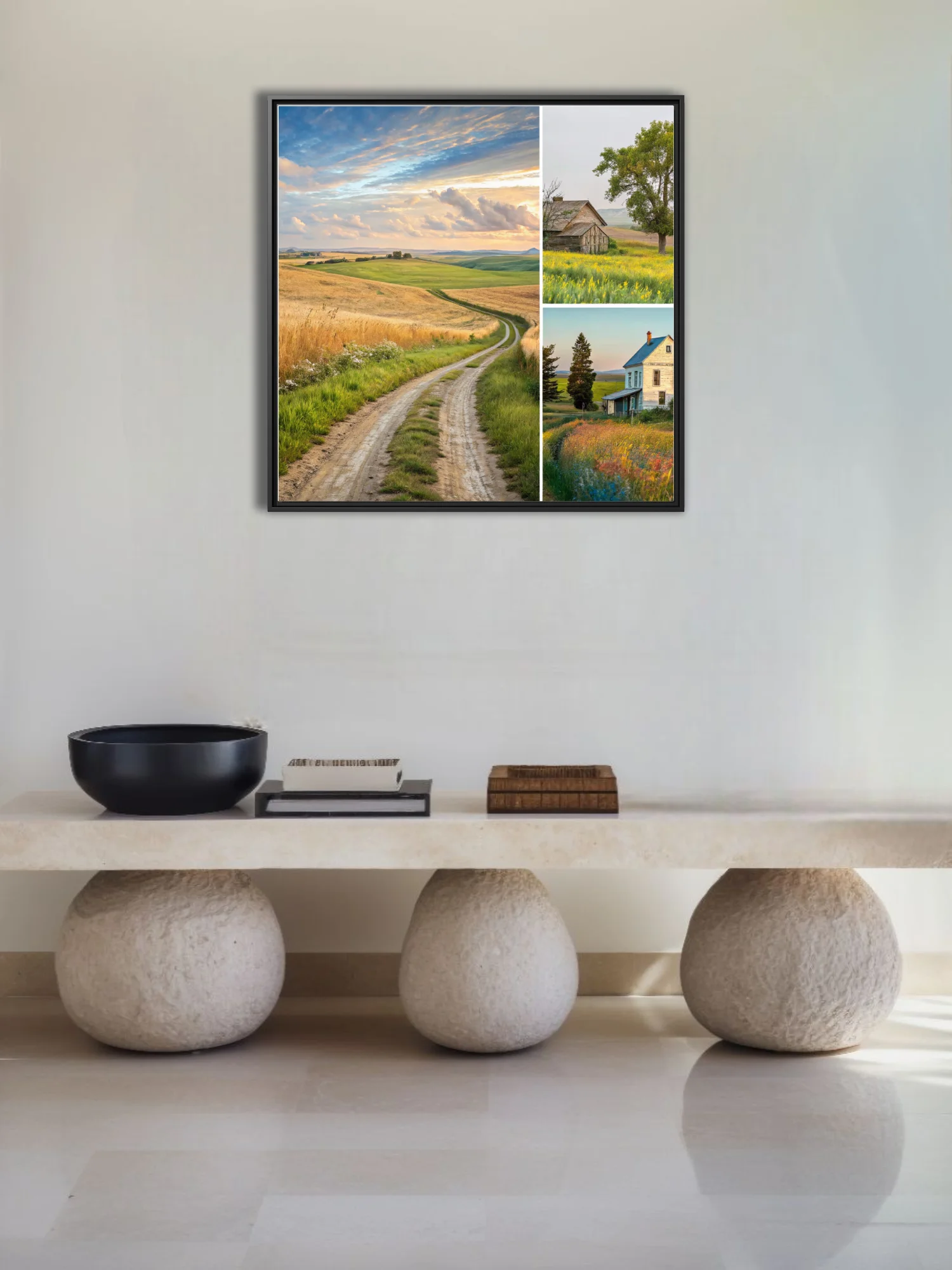 Rural countryside collage, golden fields, dirt road, rustic farmhouse, wildflowers