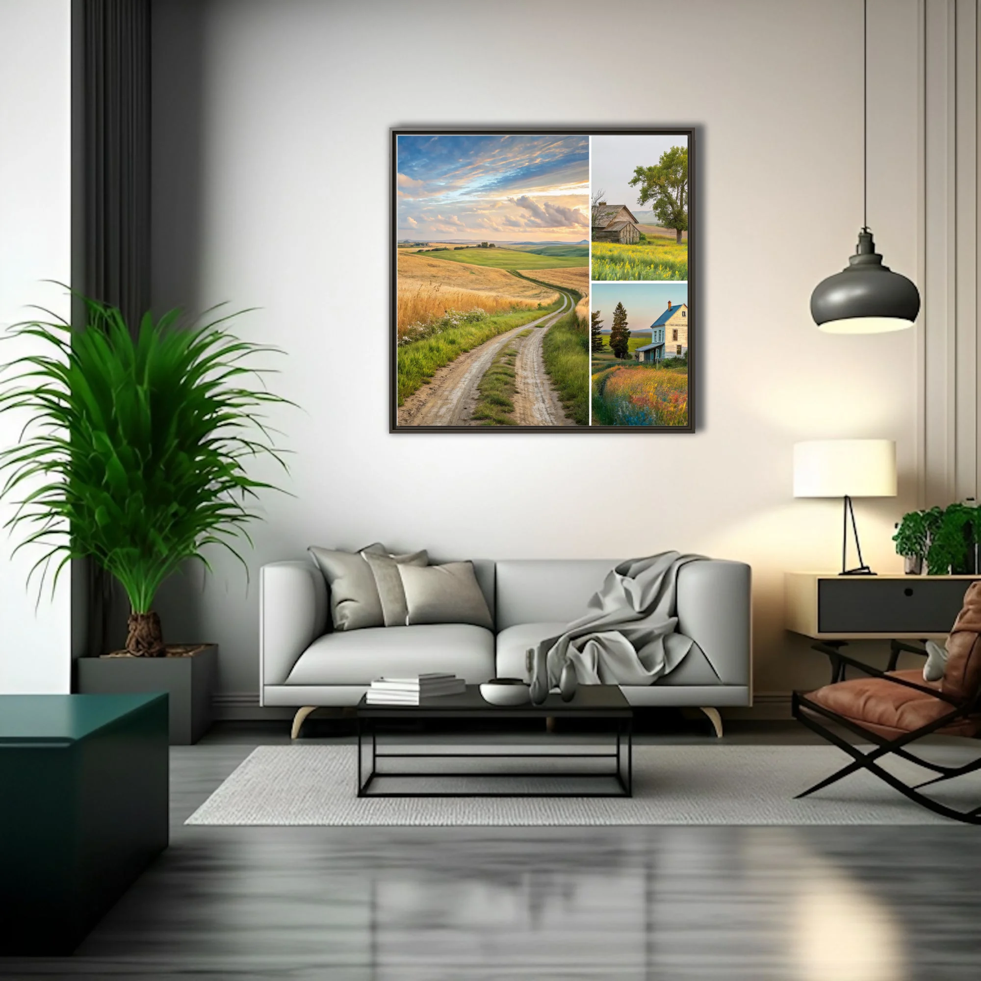 Rural countryside collage, golden fields, dirt road, rustic farmhouse, wildflowers
