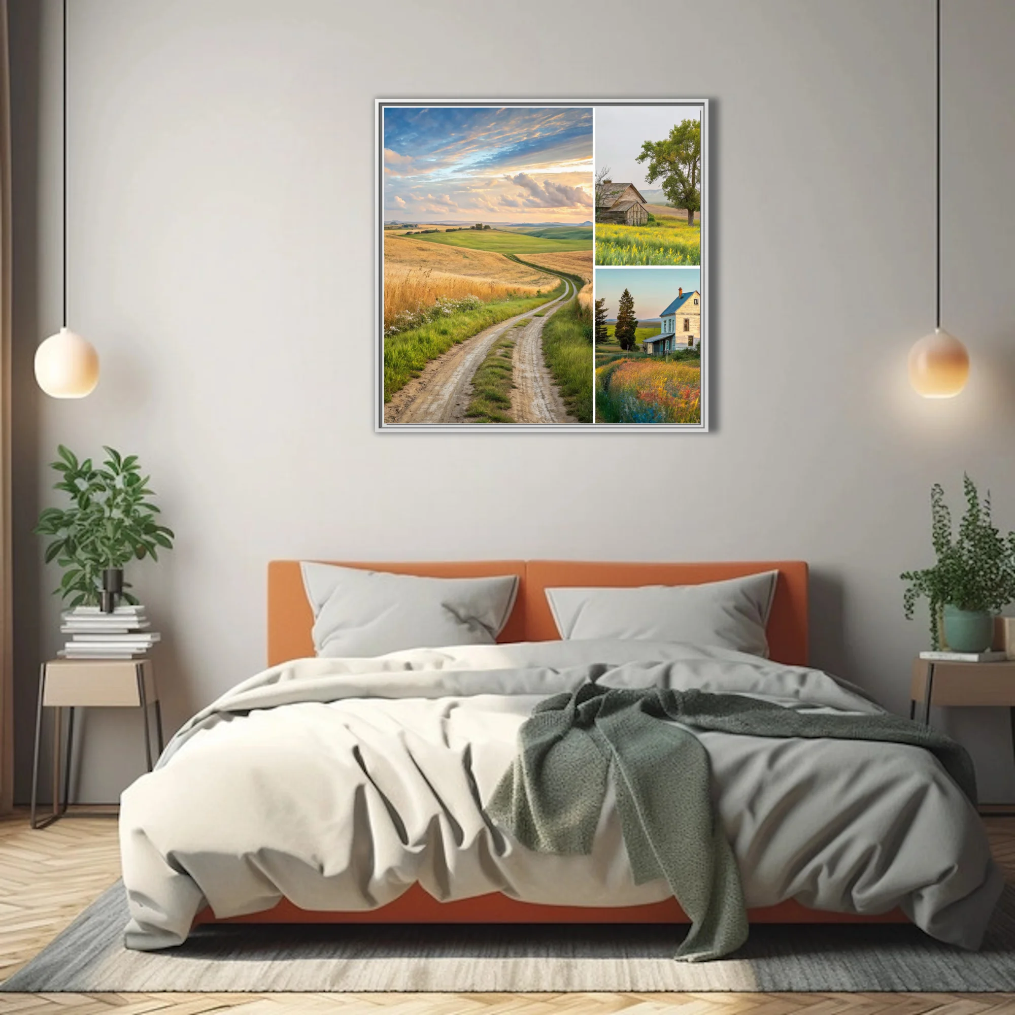 Rural countryside collage, golden fields, dirt road, rustic farmhouse, wildflowers
