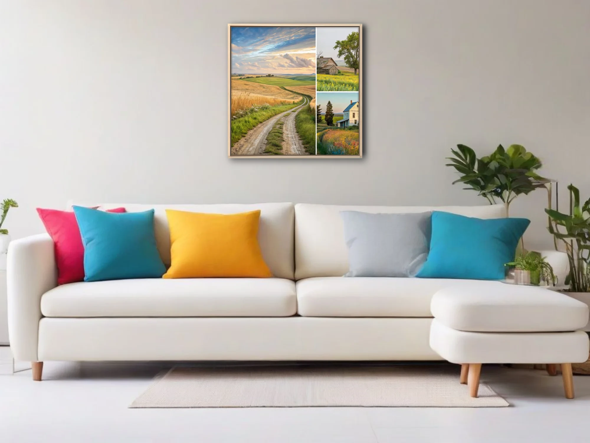 Rural countryside collage, golden fields, dirt road, rustic farmhouse, wildflowers