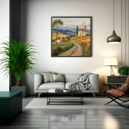 Tuscan countryside landscape with chapel, winding road, and golden hills