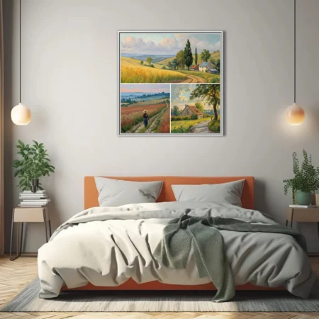 Pastoral country landscape triptych, golden fields, hills, and rustic cottages under summer skies