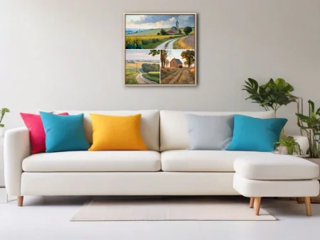 Rural countryside triptych, golden fields and winding paths, warm autumn tones