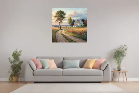 Pastoral country landscape with farmhouse, dirt road, golden fields and sunset sky in warm tones
