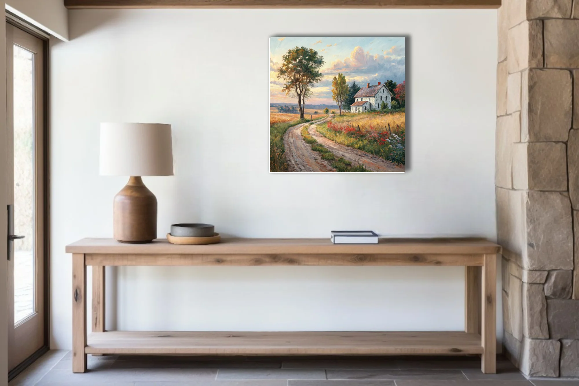 Pastoral country landscape with farmhouse, dirt road, golden fields and sunset sky in warm tones