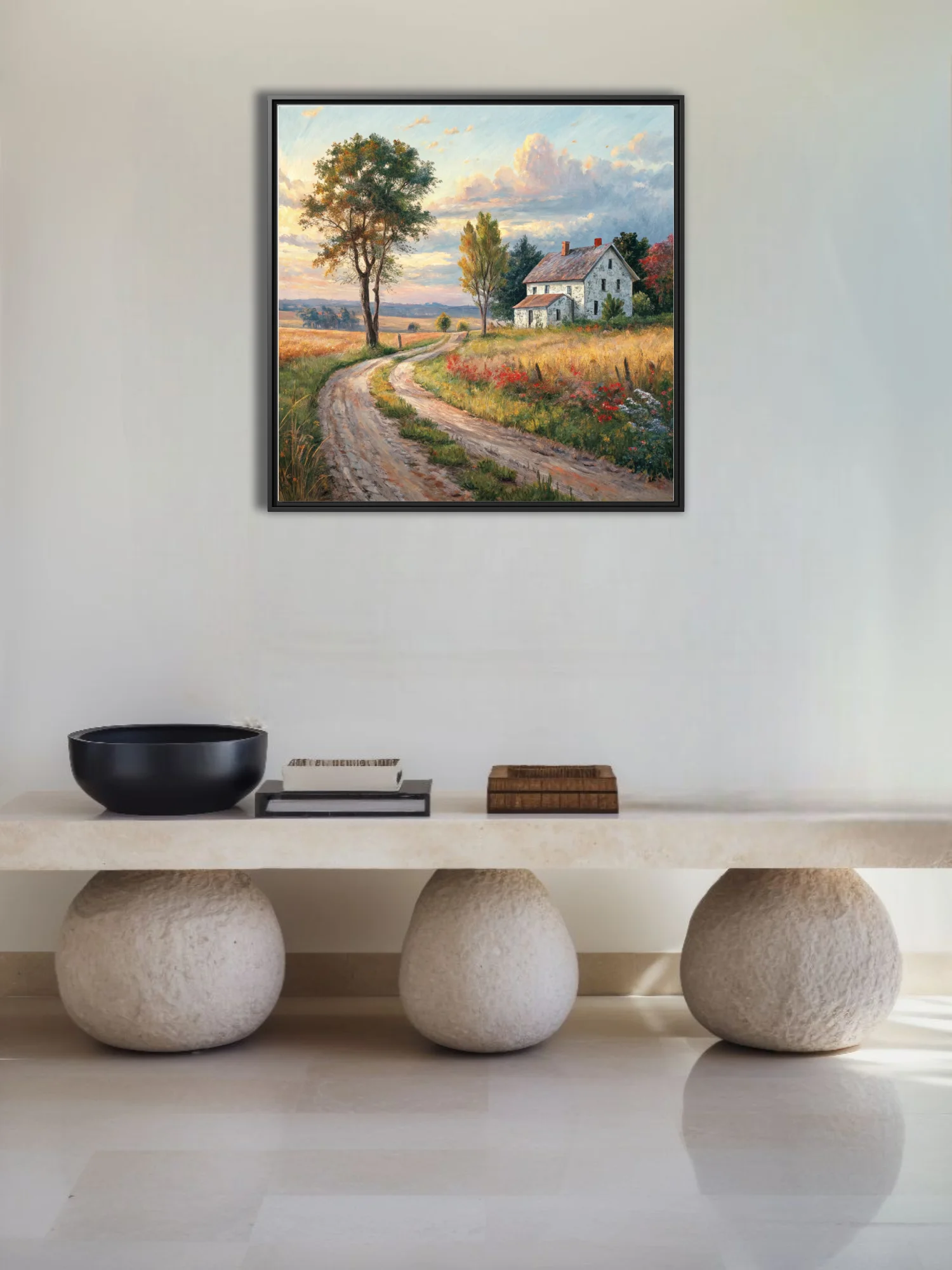 Pastoral country landscape with farmhouse, dirt road, golden fields and sunset sky in warm tones