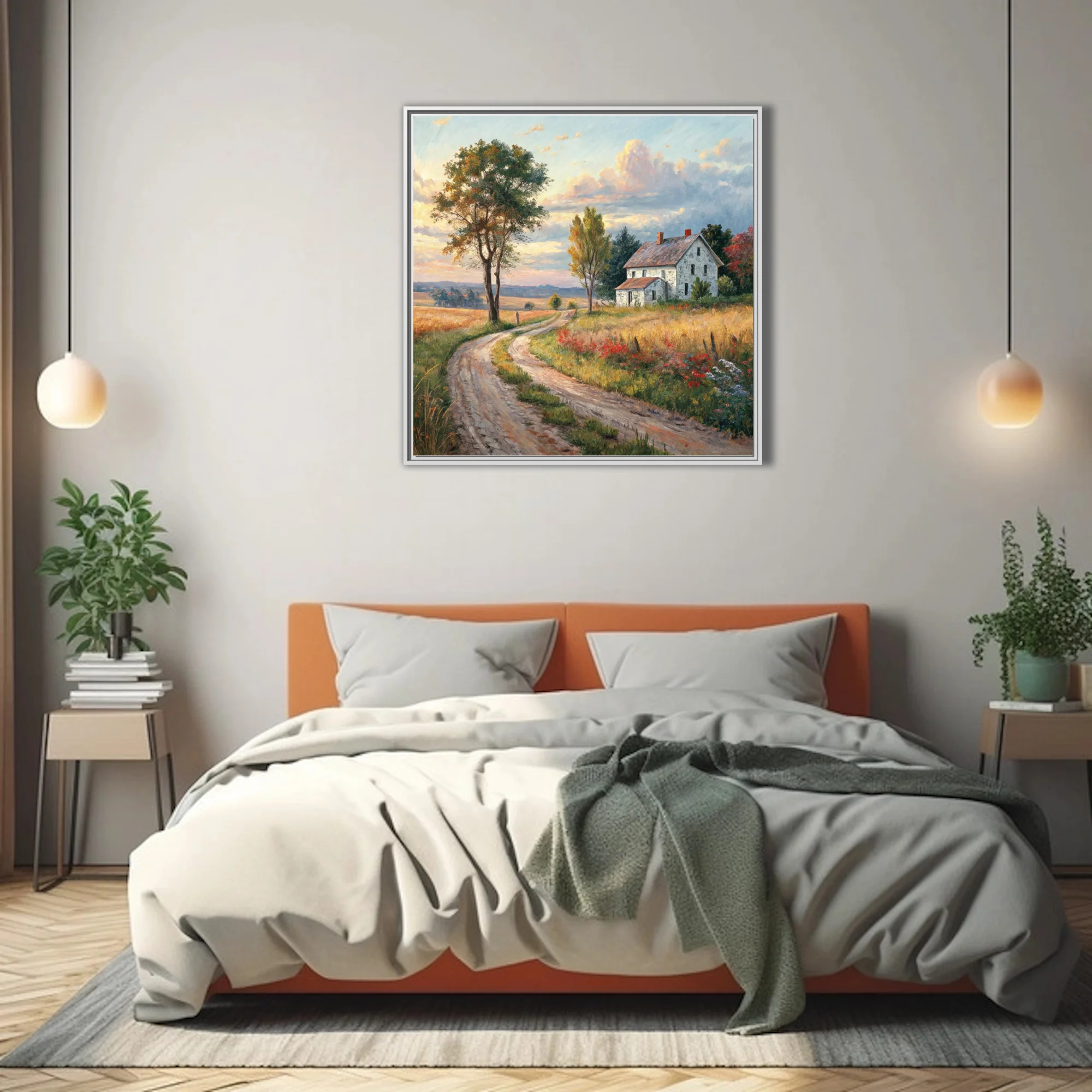 Pastoral country landscape with farmhouse, dirt road, golden fields and sunset sky in warm tones