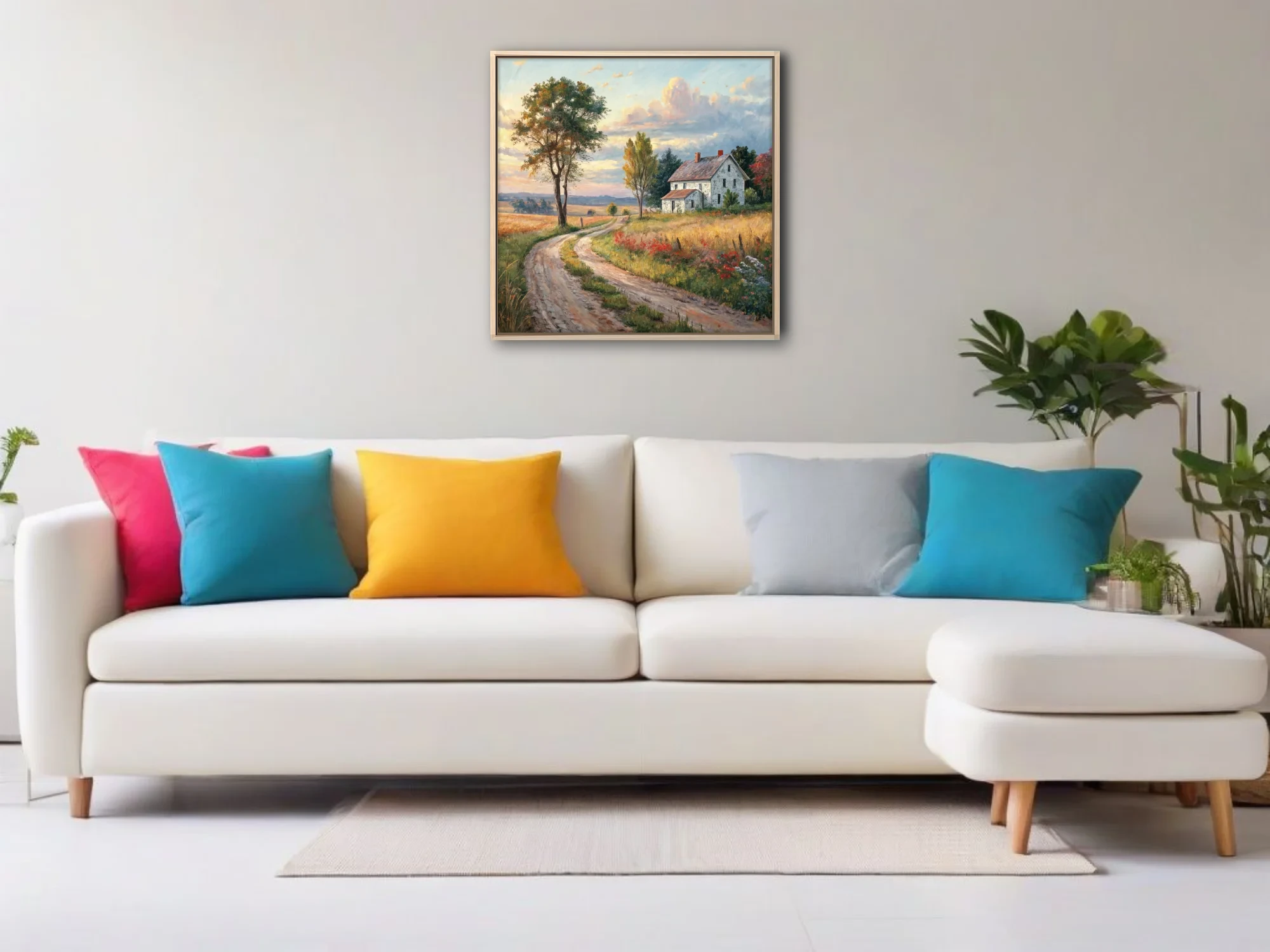 Pastoral country landscape with farmhouse, dirt road, golden fields and sunset sky in warm tones