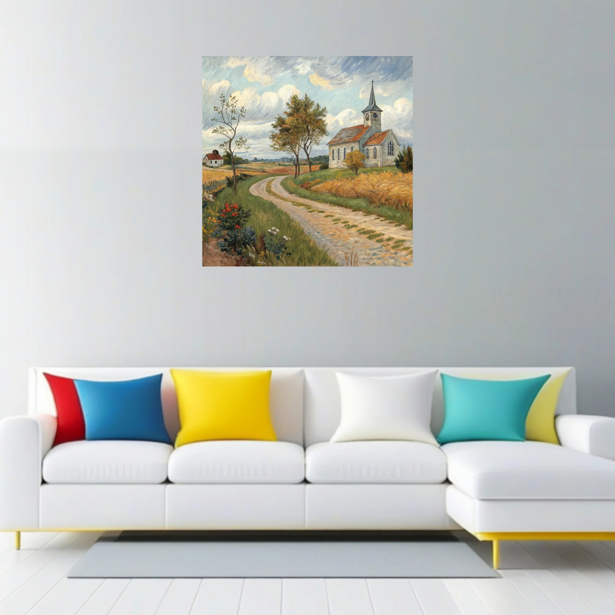 Expressive painterly countryside scene with village church, winding path, golden fields and swirling clouds
