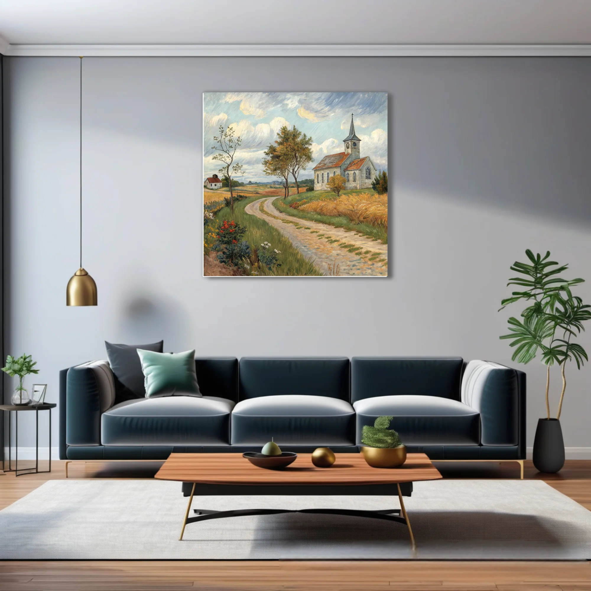 Expressive painterly countryside scene with village church, winding path, golden fields and swirling clouds