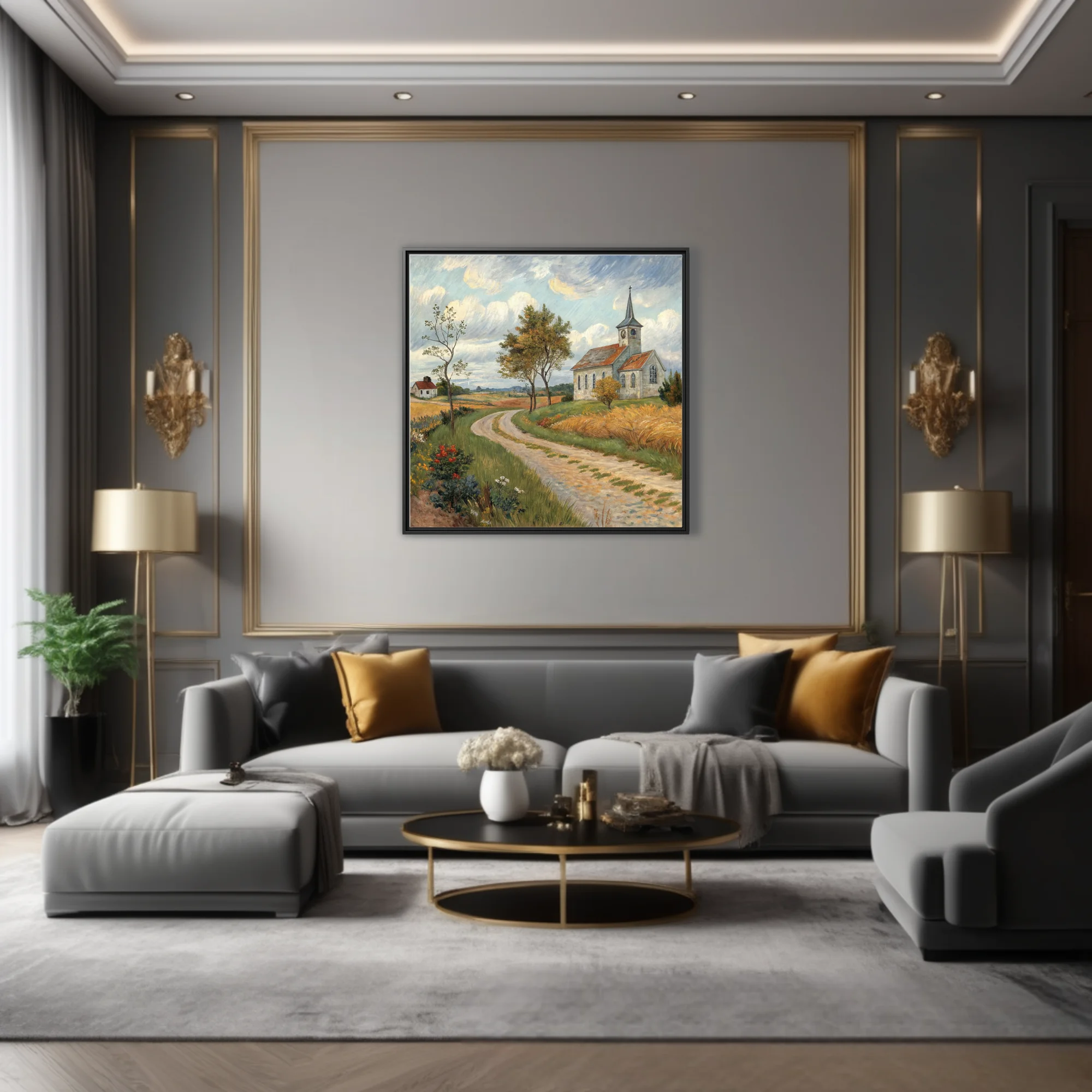 Expressive painterly countryside scene with village church, winding path, golden fields and swirling clouds