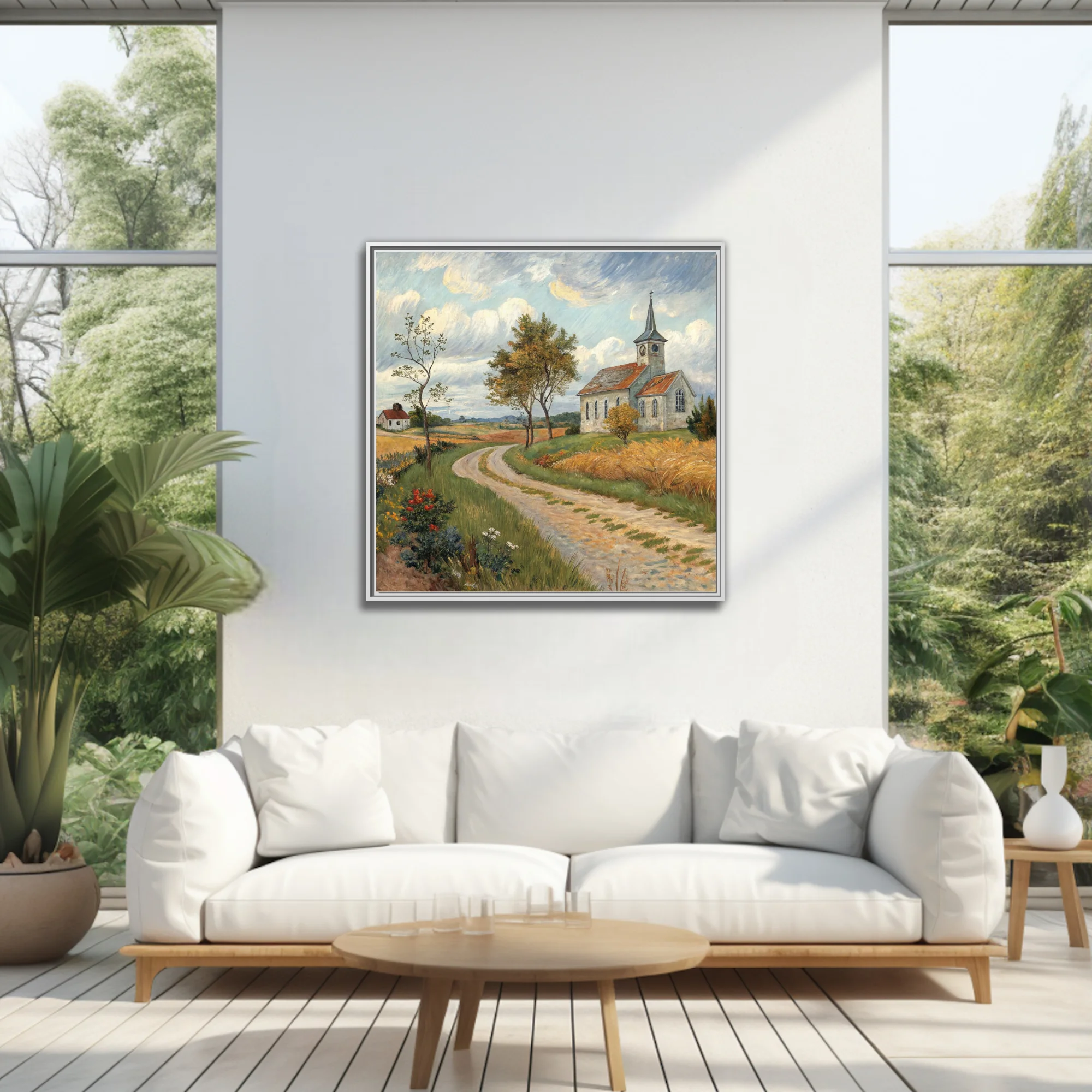 Expressive painterly countryside scene with village church, winding path, golden fields and swirling clouds