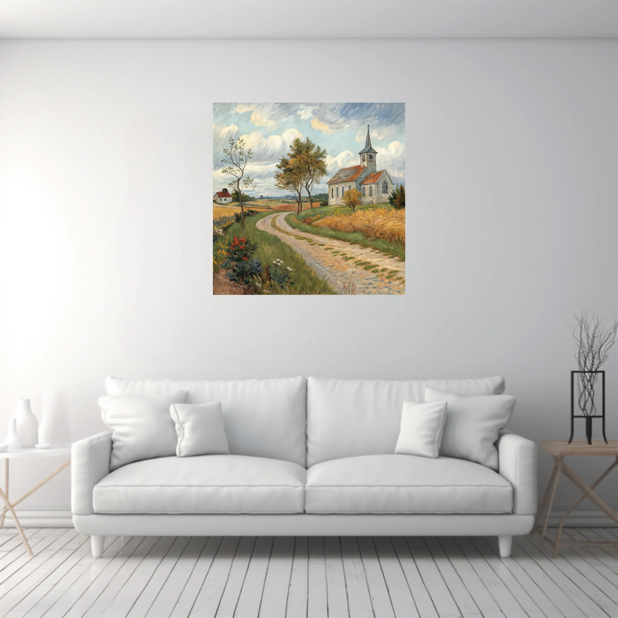 Expressive painterly countryside scene with village church, winding path, golden fields and swirling clouds
