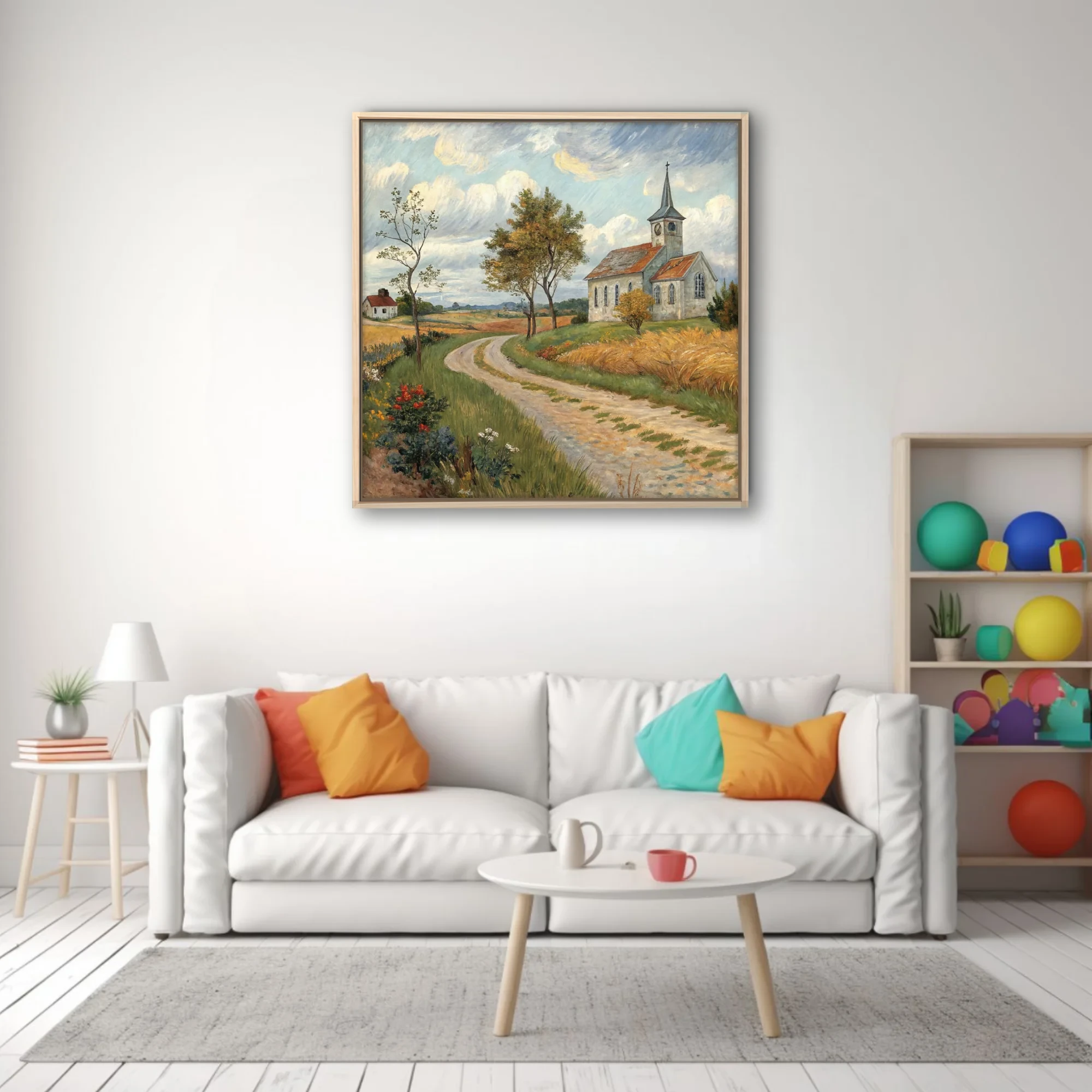 Expressive painterly countryside scene with village church, winding path, golden fields and swirling clouds