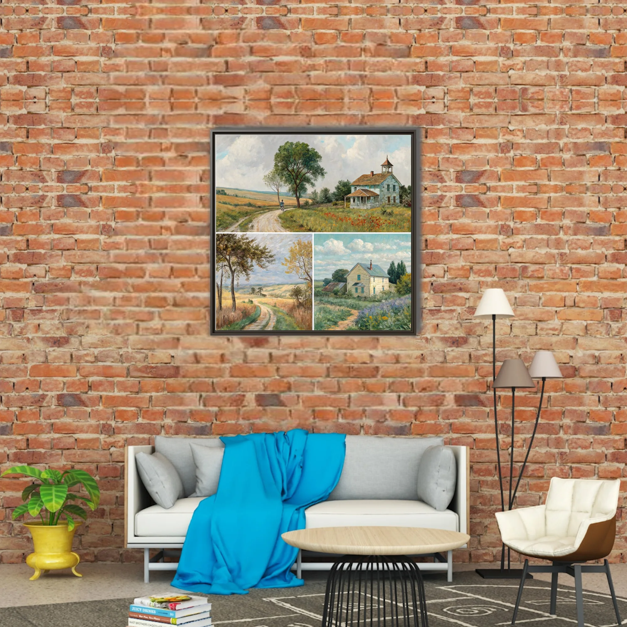 American prairie landscapes with farmhouses, dirt roads, and summer skies