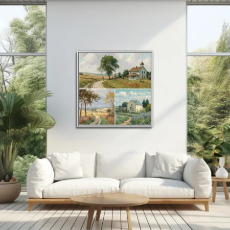 American prairie landscapes with farmhouses, dirt roads, and summer skies