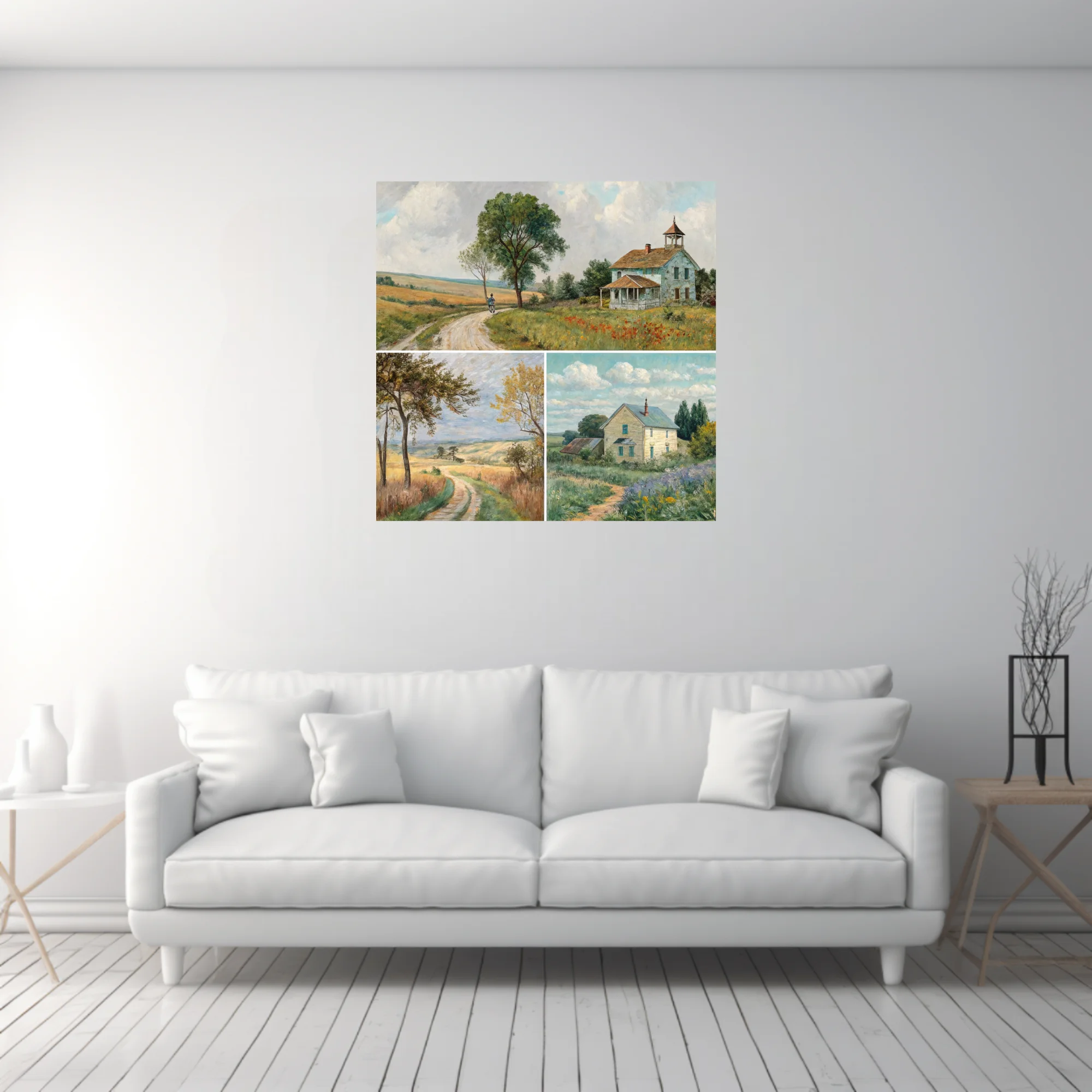 American prairie landscapes with farmhouses, dirt roads, and summer skies