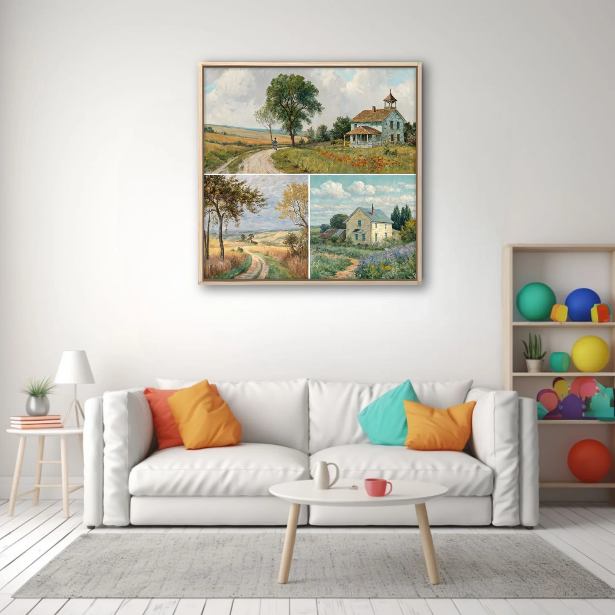 American prairie landscapes with farmhouses, dirt roads, and summer skies