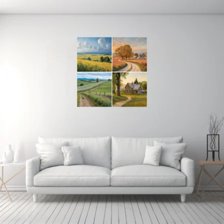 Painterly country landscape set with meadows, dirt roads, farmhouses, and warm rural skies