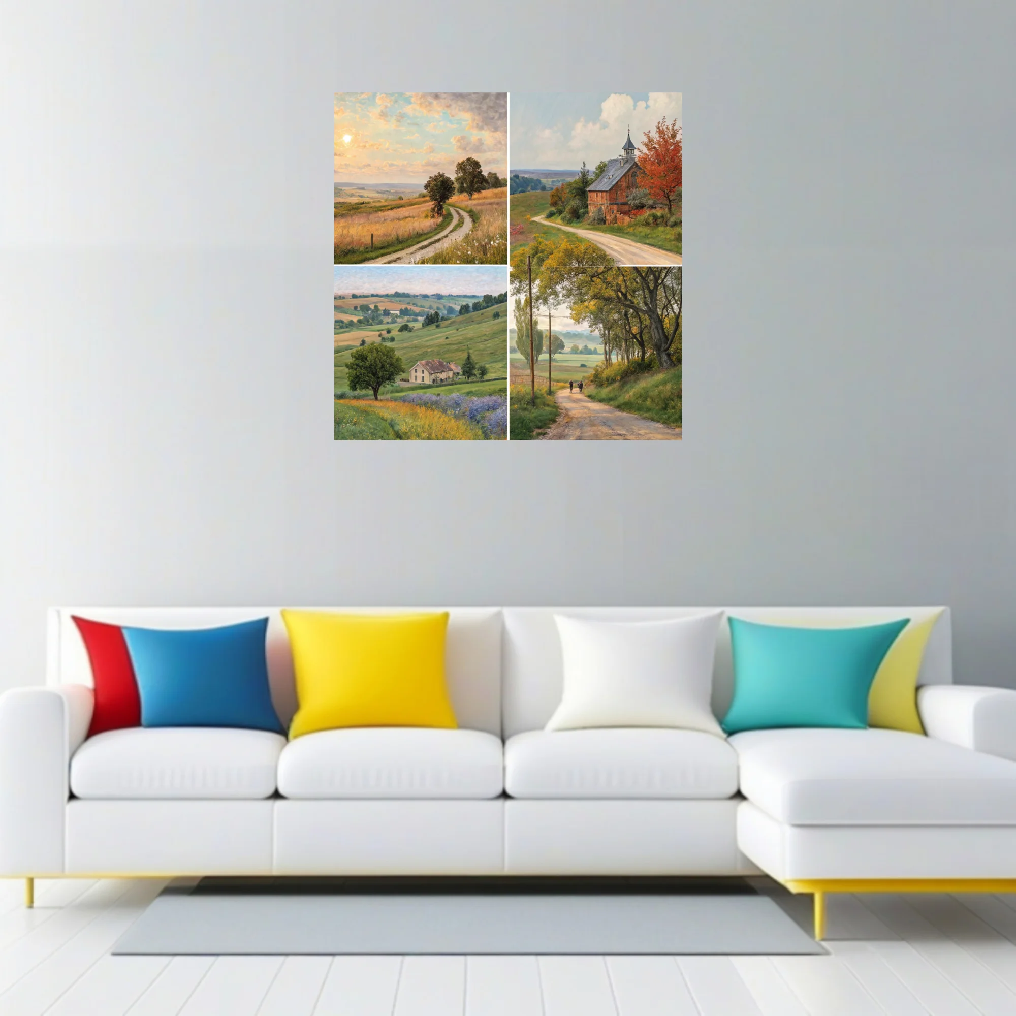Pastoral country landscape quartet in warm ochre and green tones, painterly rural scenery wall art