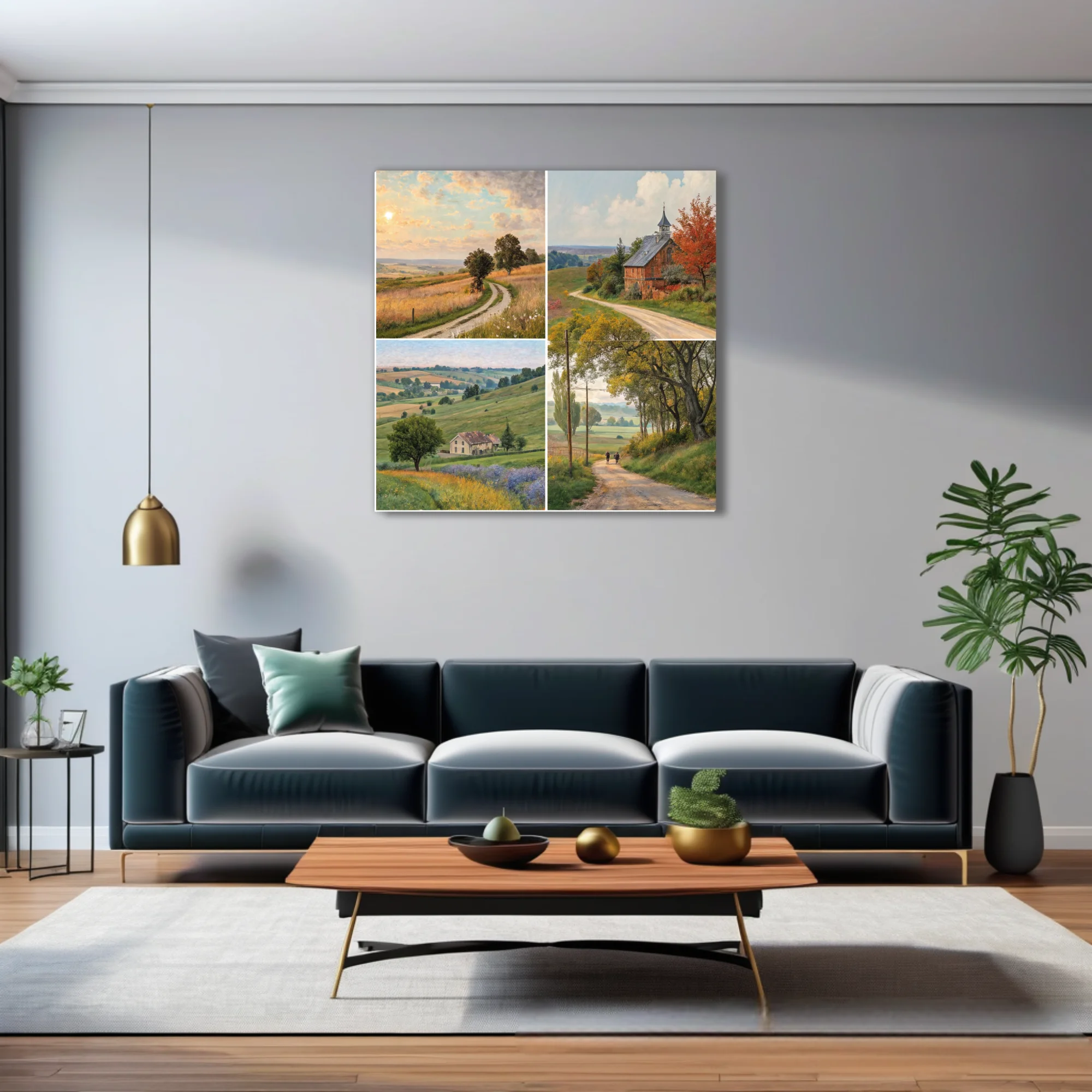 Pastoral country landscape quartet in warm ochre and green tones, painterly rural scenery wall art