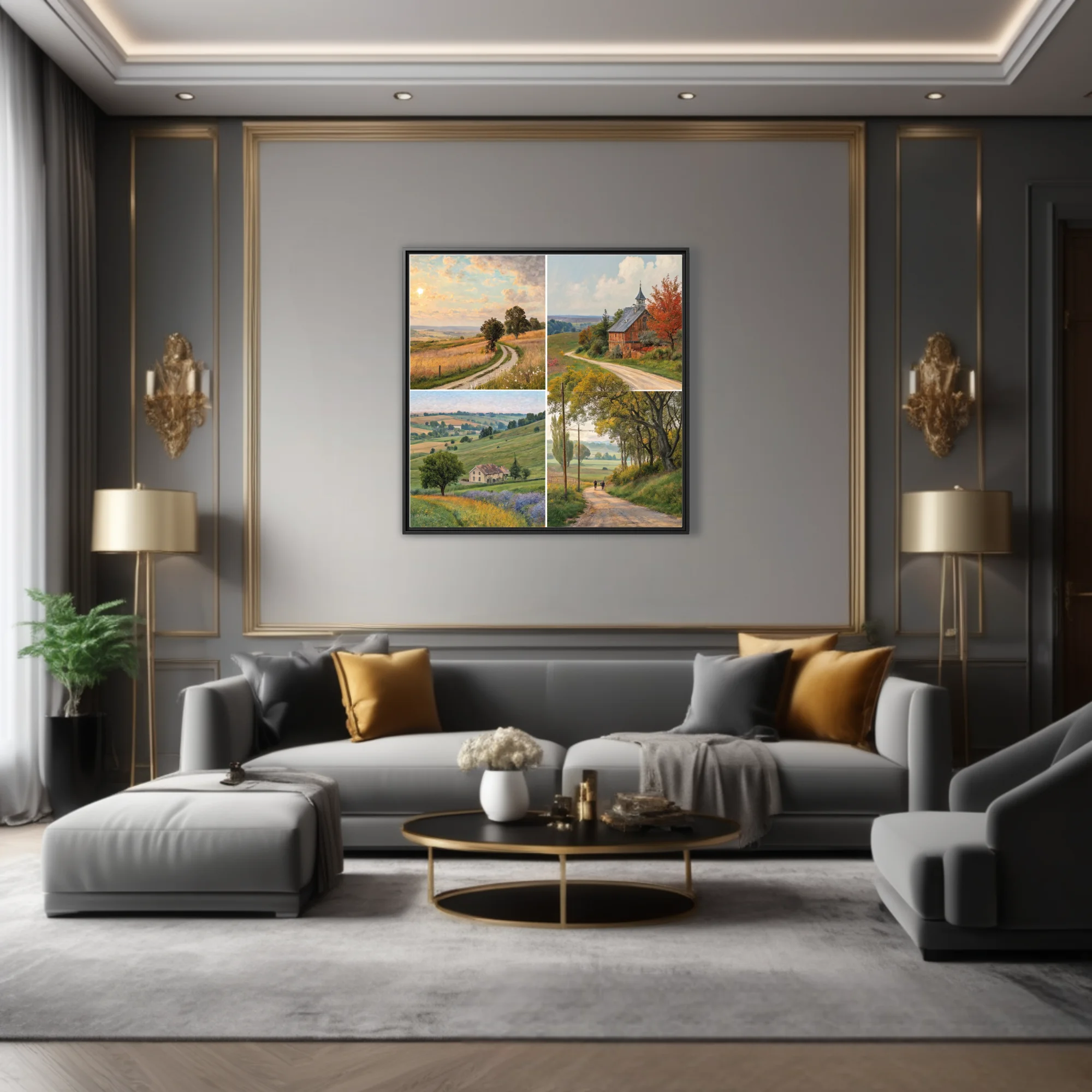 Pastoral country landscape quartet in warm ochre and green tones, painterly rural scenery wall art