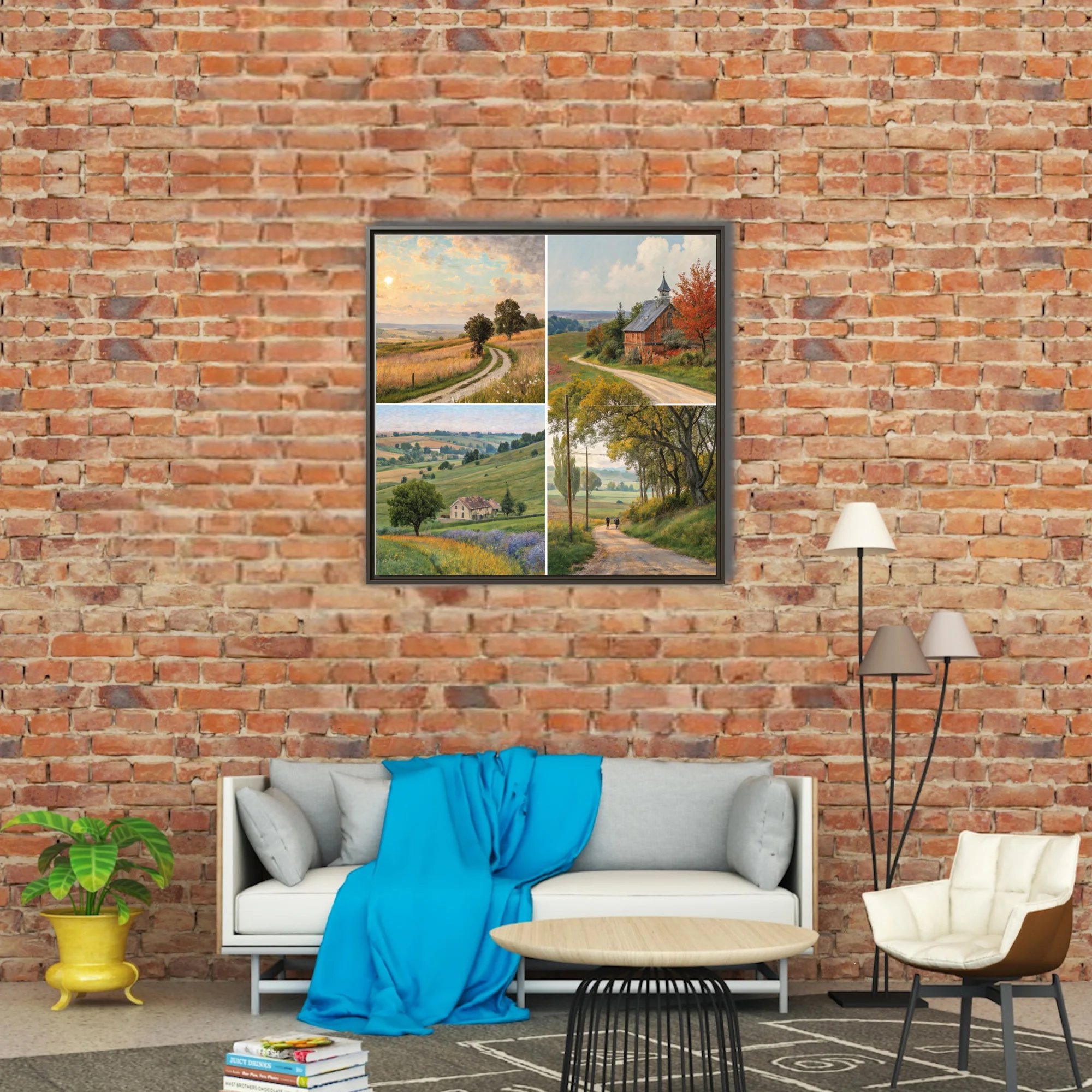 Pastoral country landscape quartet in warm ochre and green tones, painterly rural scenery wall art