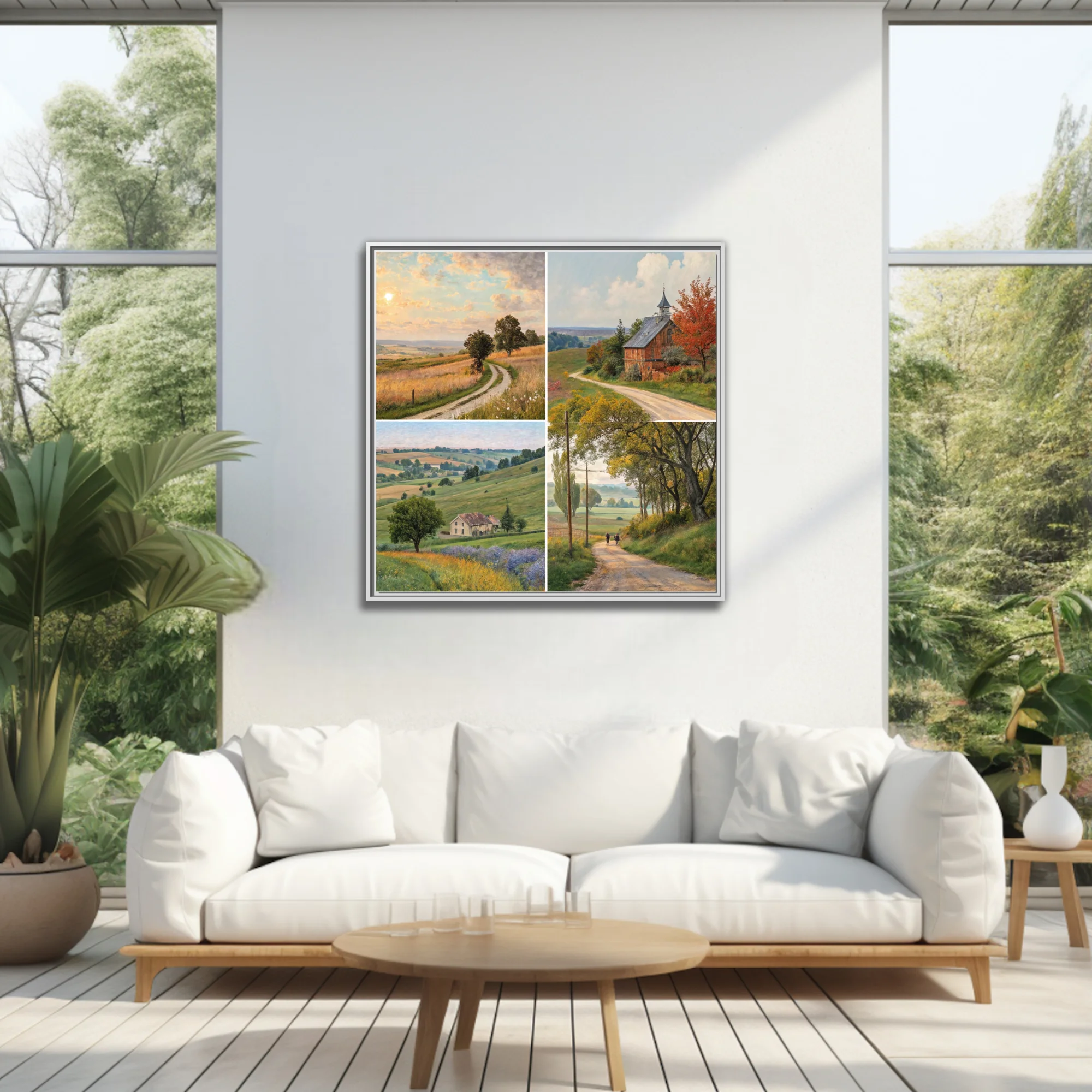 Pastoral country landscape quartet in warm ochre and green tones, painterly rural scenery wall art