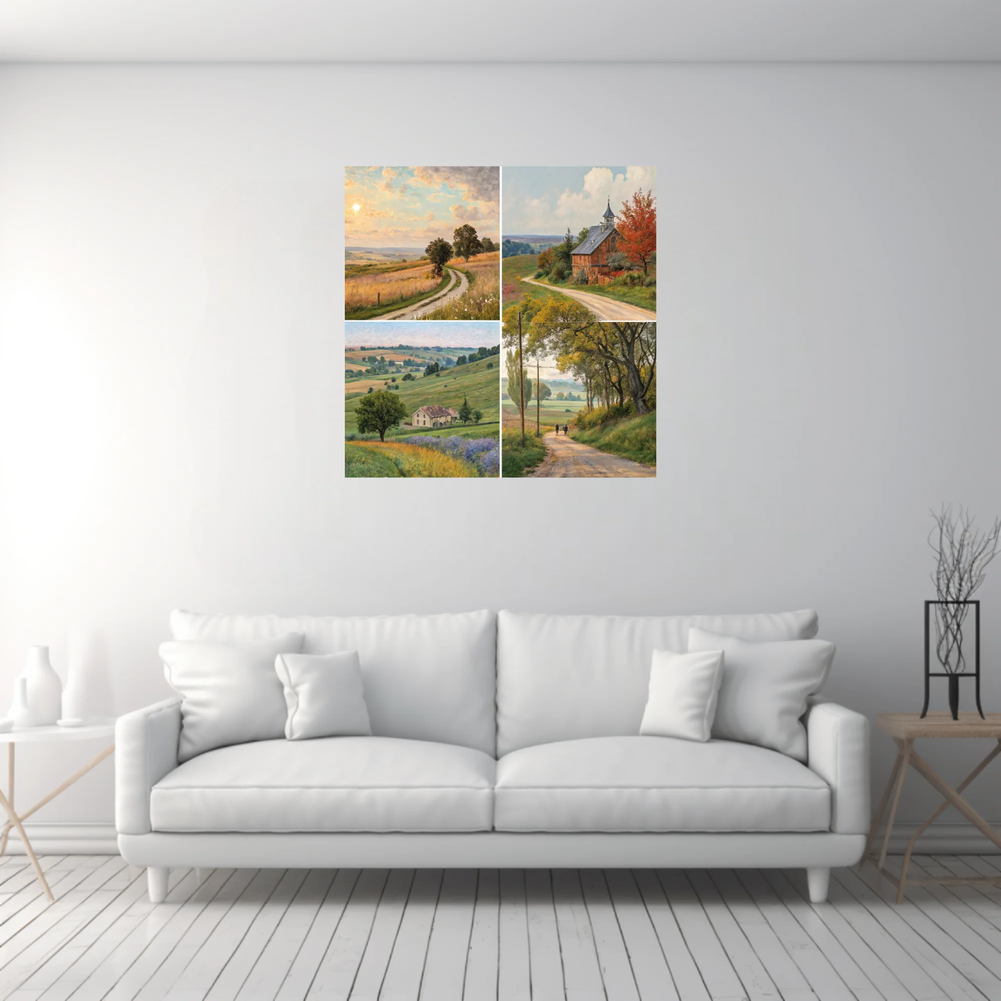 Pastoral country landscape quartet in warm ochre and green tones, painterly rural scenery wall art